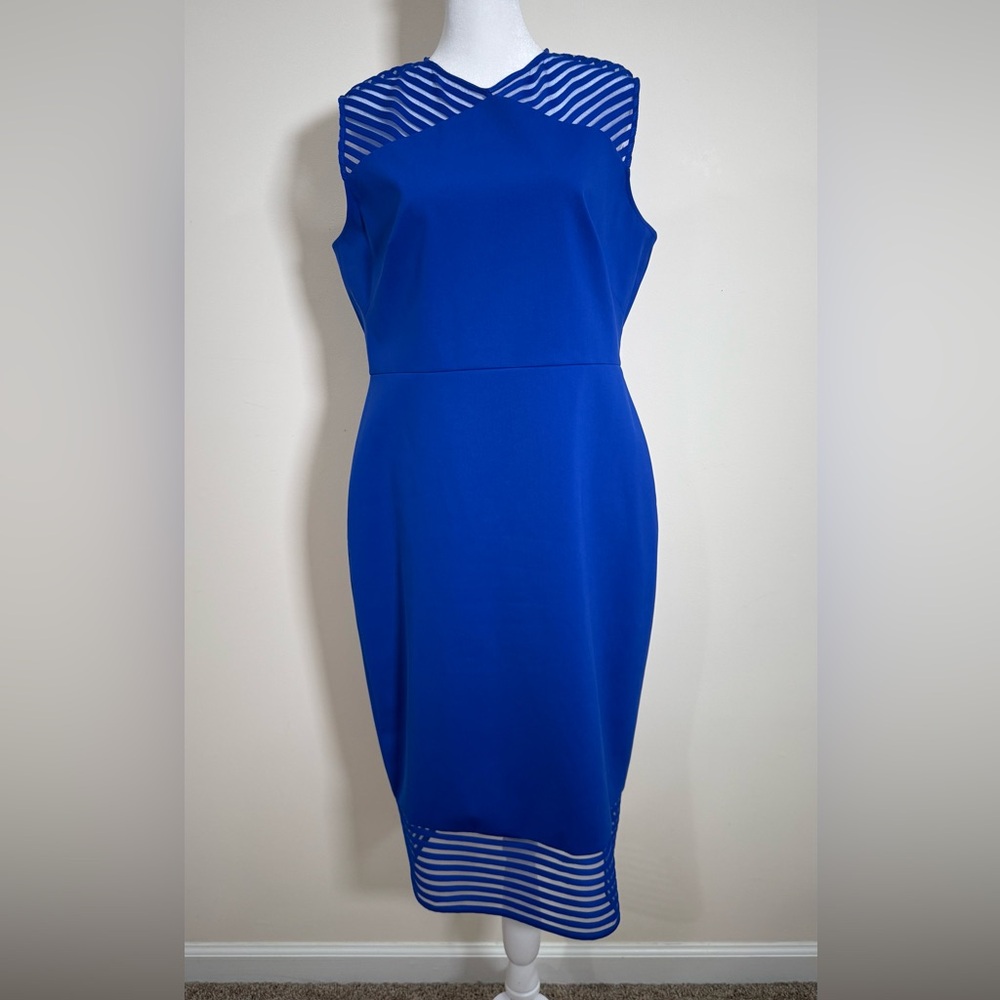 NWT $295 Ted Baker Royal Blue Bodycon Mesh Detail Midi Dress Size US 12 EUR 5
